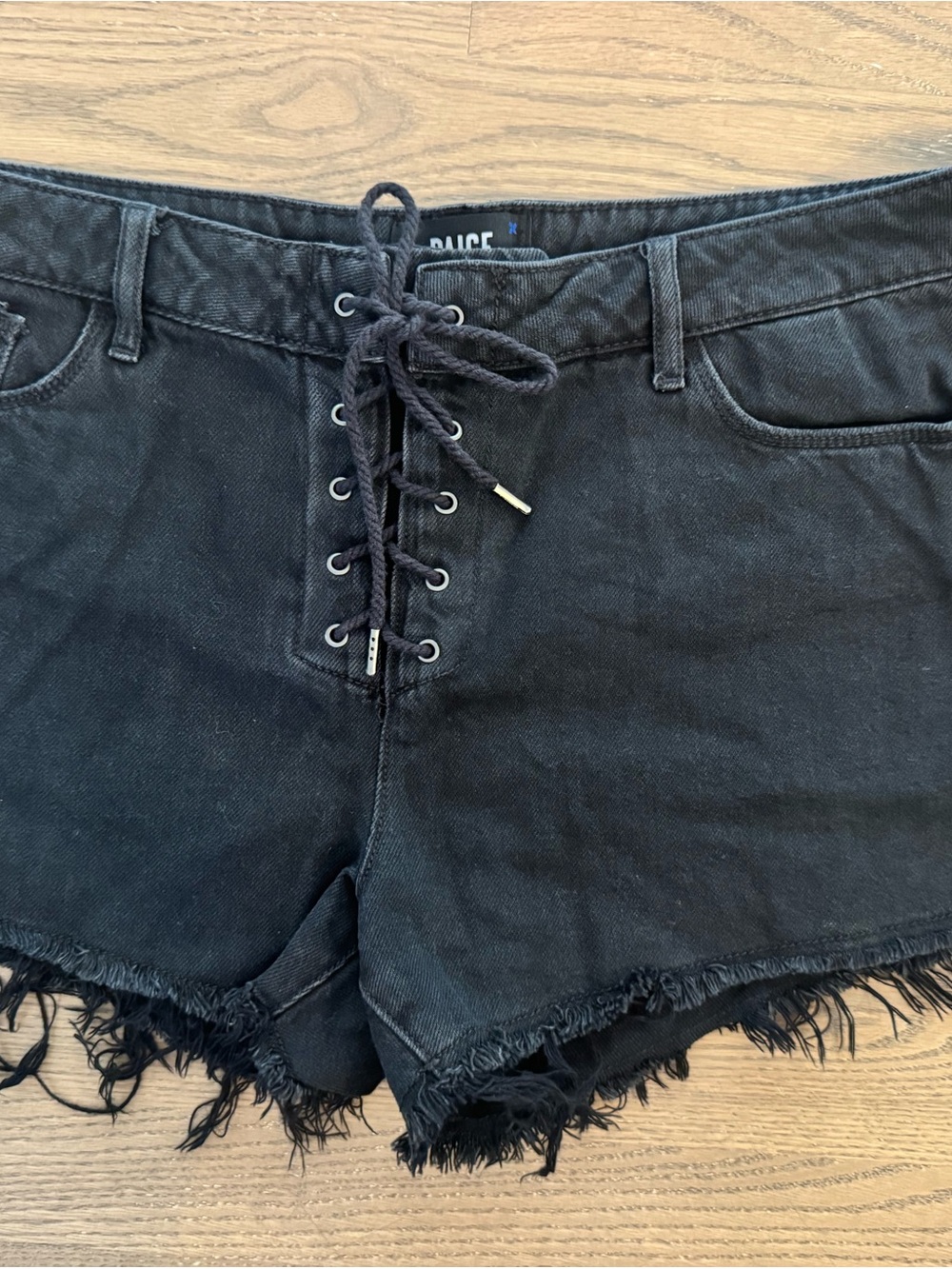 PAIGE Black Lace-Up Denim Shorts - Picture 4 of 9